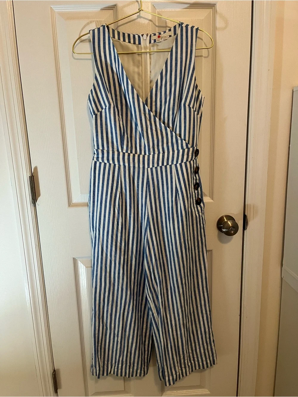 Boden Blue White Stripe Linen Blend Culotte Jumpsuit Petite 4 Coastal Chic - Picture 8 of 8